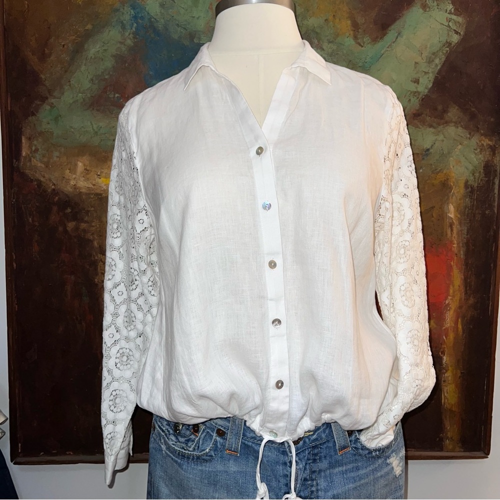 J. Jill White Button Down Shirt with Lace Sleeves